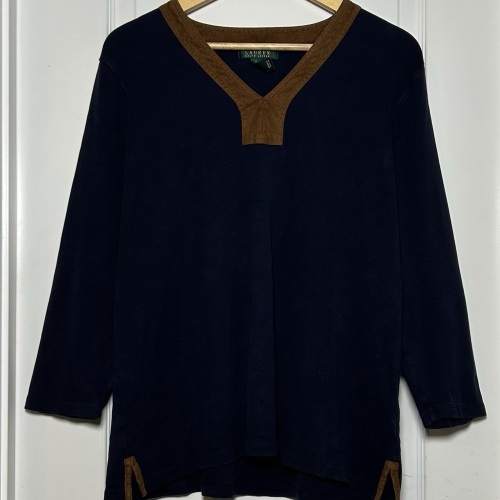 Lauren Ralph Lauren 100% Cotton Navy Blue Knit Brown Faux Suede Lining Tunic Top